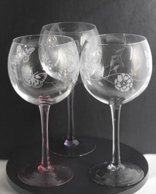 Lenox Butterfly Meadow Etched Wine Balloon Glass Goblets Pink Purple Green - Image 1 of 4