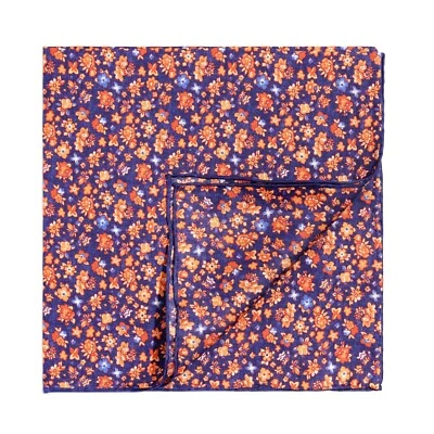 Lenço masculino 100% seda azul marinho laranja floral bolso quadrado 53cm 21" - Imagem 1 de 4