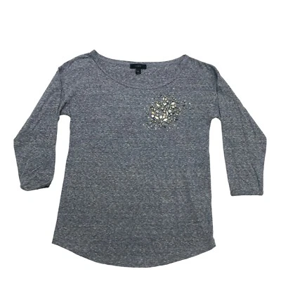 Camisa J Crew Mujer XXS Gris Cuentas Estrás Manga 3/4 Cuello Redondo Foto 1 de 4