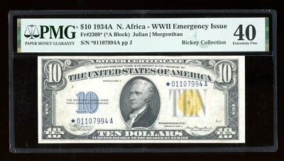 DBR 1934-A $10 North Africa Silver STAR Fr. 2309* PMG XF-40 Serial *01107994A - Image 1 of 2