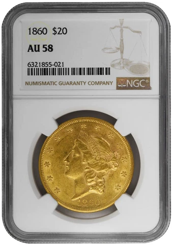 1860 $20 Liberty Head, NGC AU58 Rare Gold Coin Cover