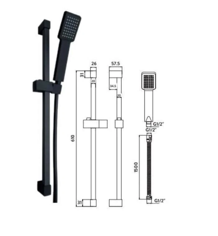 BATHROOM SHOP ONLINE Noir Matt Black Square Riser Rail Kit Shower Head + Anti Bacterial Smooth Hose