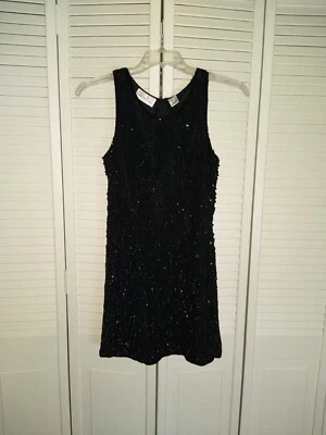 Vestido de seda vintage Laurence Kazar L cuentas lentejuelas negro boda crucero vacaciones  Foto 1 de 4