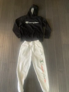 Boys Champion Sweatsuit Black Hoodie Cream Joggers MEDIUM- 10/12 - Picture 1 of 4