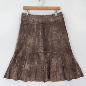 Cabi Skirt Women 6 Brown Suede Leather A Line Flare Knee Length Scalloped Casual - Picture 1 of 11