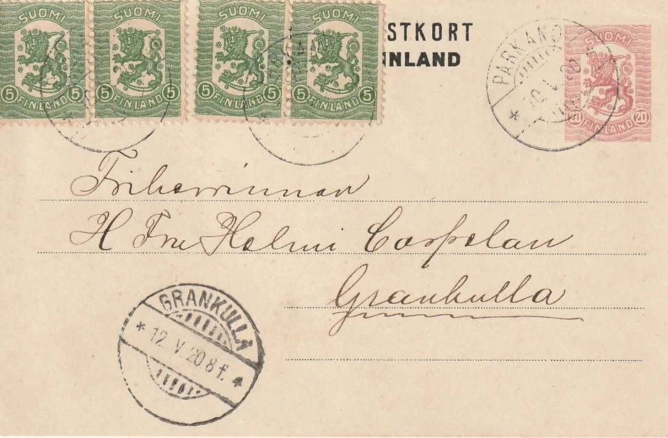FINLANDIA: Papelería postal Parkano 1920 a Grankulla... Foto 1 de 1