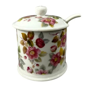 Vintage Floral Ceramic Sugar Bowl With Lid & Spoon Pink & Green Rose Pattern - Picture 1 of 15