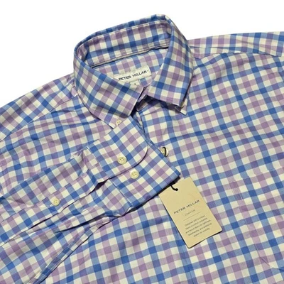 Новый Peter Millar Crown Lite мужской рубашка на пуговицах маленький клетчатый синий фиолетовый - Изображение 1 из 4