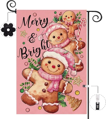 Bandera de jardín de hombre de pan de jengibre de Navidad 12,5 X 18 pulgadas bastón de caramelo de doble cara rosa Foto 1 de 4