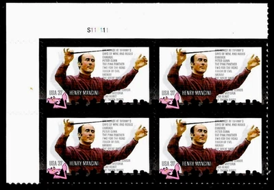 HENRY MANCINI US #3839 PINK PANTHER CONDUCTOR COMPOSER 37c STAMP PLATE BLOCK NIP - Image 1 of 2