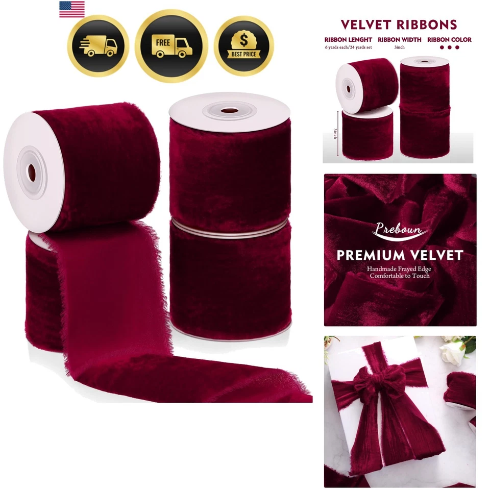 Cinta de Terciopelo Envoltura de Regalo 4 Rollos 24 Yardas Navidad Boda Hágalo Usted Mismo Decoración Foto 1 de 4