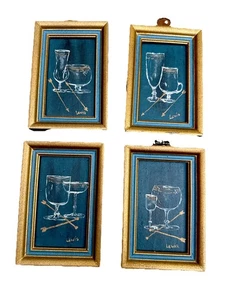 Set of 4 Vintage Barware Glasses Pictures In Wood Frames Artist Signed OOAK - Picture 1 of 5