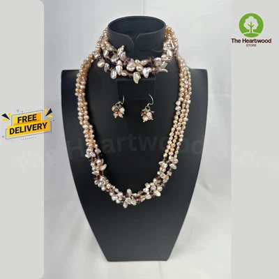 JUEGO DE PERLAS DE AGUA DULCE KESHI ROSA NATURAL - COLLAR, PULSERA Y PENDIENTES Foto 1 de 4