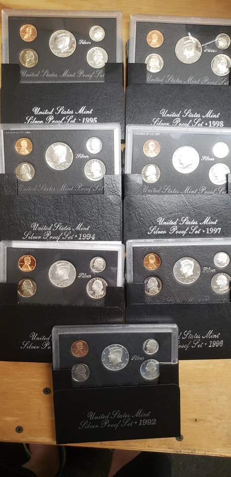 LOT OF 7 U.S. MINT SILVER PROOF SETS 1992 - 1998 in OGP BOXES with COAs - Image 1 of 1