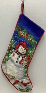 LL BEAN Needlepoint Christmas Stocking Snowman Cardinals 19”  100% Wool Front - Picture 1 of 9