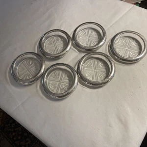 FB ROGERS CO. Vintage STERLING  Silver Rim Glass Beverage Coasters Set Of 6 - Picture 1 of 5