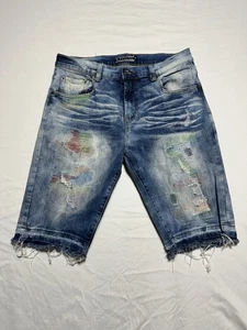 Pantaloncini uomo Decibel denim effetto invecchiato patchwork orlo grezzo blu jeans tagli 36 - Foto 1 di 4