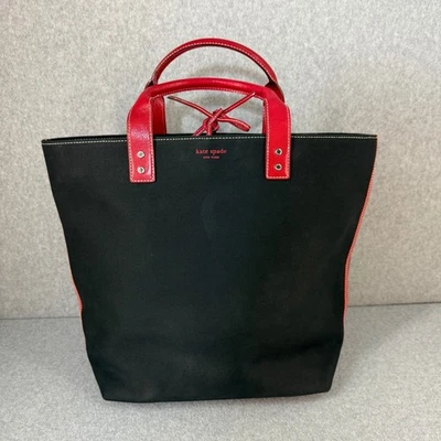 Bolso de Mano Kate Spade New York Negro Lona Cuero Rojo Borde Cartera Clásico Mediano Foto 1 de 4