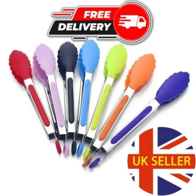 Silicone Kitchen Cooking Tongs BBQ Salad Serving Stainless Steel Handle Utensil - Image 1 of 4