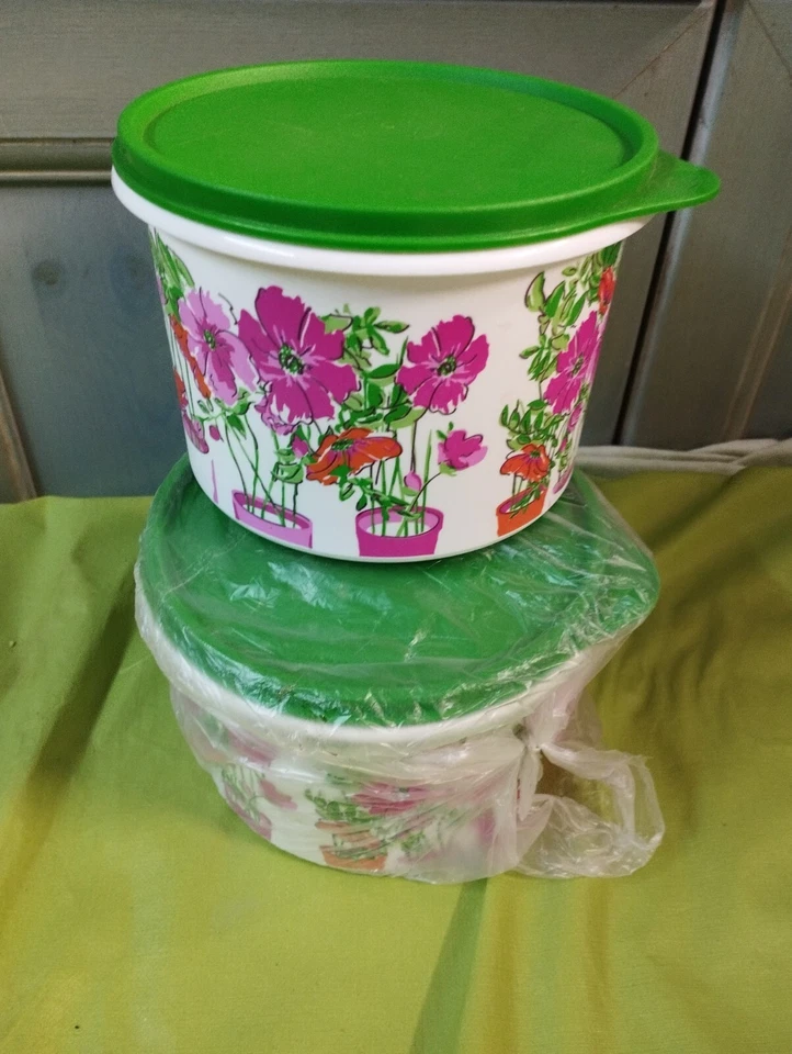tupperware  lot de 2 boîtes a café 1.1 litre modèle fleur feuille verte - Photo 1/1