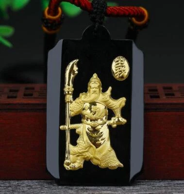 Collar colgante de la suerte chino GuanGong de oro macizo de jade HeTian negro natural Foto 1 de 4