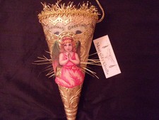 Antique Look Christmas Ornament, Cone, Praying Angel Scrap, Dresden, Handmade