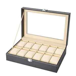 Watch Box 12-Slot Watch Case with Large Glass Lid Removable Watch Pillows Gift