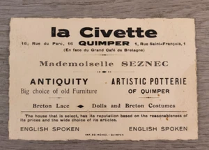 Trade Card Breton Dolls Quimper France 16 Rue du Parc Antiques inglese e francese - Foto 1 di 4