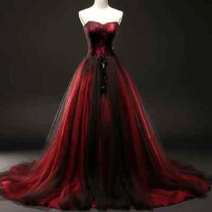 Black Red Gothic Wedding Dresses Strapless Lace Applique Sleeveless Bridal Gowns - Picture 1 of 10