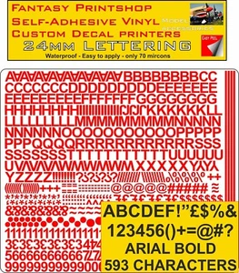 RC Vinile Adesivo Decalcomanie Ariel Lettere Numeri 24MM Pre Cut FPRC807 Rosso - Foto 1 di 5