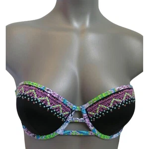 Victoria's Secret Black w/ Bali Embroidery Strappy Flirt Bandeau Swim Top 36B - Picture 1 of 4