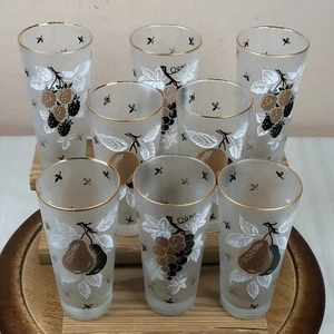 Vtg Set Of 8 Libbey Frosted Fruit Design Drinking Glasses Berries Pears Grapes - Picture 1 of 9