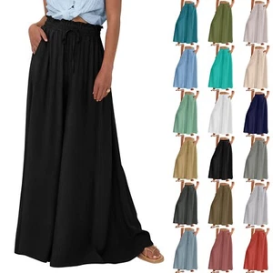 Casual Wide Leg Palazzo Pants Women Dressy Elastic Waist Flowy Pants with Pocket - Picture 1 of 41
