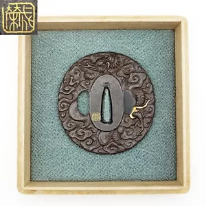 Tsuba Signed Shigeyoshi(Later Eiju) Dragon Iron Japanese Antique Sword Fittings - Picture 1 of 22