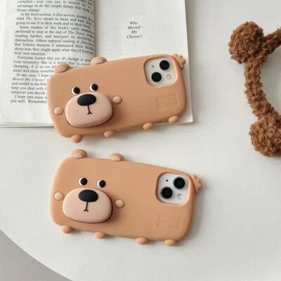 Cartoon Bear Silicone Case Shockproof Cover Stand for iPhone 13 14 15 16 Pro Max - Image 1 of 4