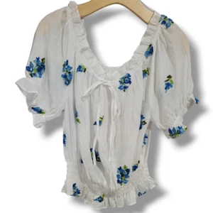 Meraki women's white blue Floral boho short sleeve Blouse - medium - Picture 1 of 7