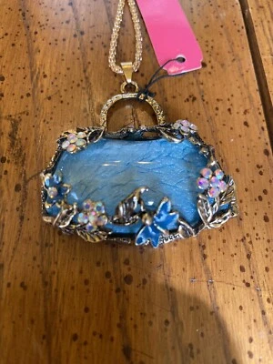 Betsey Johnson Blue Ocean Butterfly Purse Necklace Pink Stone Gold Tone - Image 1 of 4