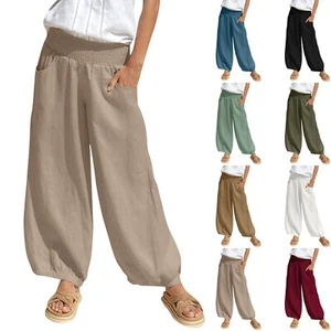 Women's Cotton Linen Harem Pants Wide Leg Casual Palazzo Beach Loose Trousers - Picture 1 of 37