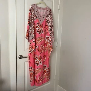 Dishiki Ramadan Floral Leopard Crew Neck Batwing Sleeve Caribbean Kaftan Dress - Picture 1 of 9