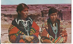 Pair Young NAVAJO Indian GIRLS Northeastern Arizona Beads Blankets AZ Postcard  - Picture 1 of 2