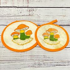 2 Vintage 70s Merry Mushrooms Theme Orange Pot Holders Lot Rare