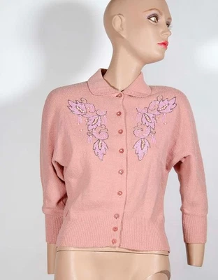 Cárdigan Suéter Vintage Años 50 60 Lana Cuentas Gatito Pinup Foto 1 de 4