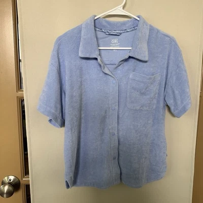 Camisa Top Athleta Girl XL Azul Terry Manga Corta Saltar con Botones Foto 1 de 4