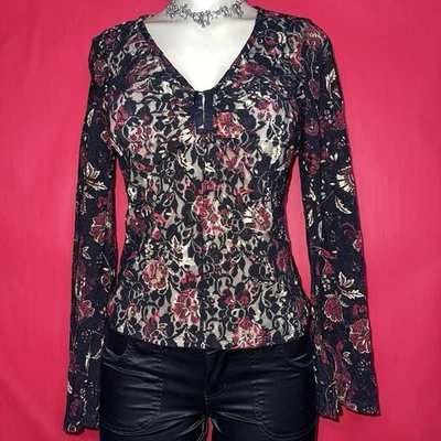 Blusa Top Floral Roja Encaje Negra Años 90 Mangas Acampanadas Cierre Busto Talla S Foto 1 de 4