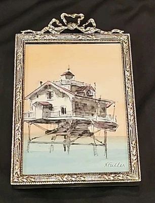 watercolor painting Thomas Point Shoal Lighthouse by K. Fuller in sterling frame - Image 1 of 4