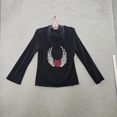 Twisted Heart Women Hoodie S Black Embroidery Angel Wings Jewels Rhinestones - Image 1 of 4