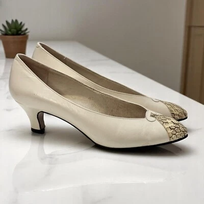 Vintage Amalfi Dawn Beige Leather Pumps Snakeskin Pointed Toe Dressy Shoes 5.5B - Image 1 of 4