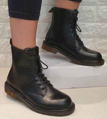 stivali stivaletti anfibi da donna alti neri ecopelle scarponcini con lacci - Immagine 1 di 4