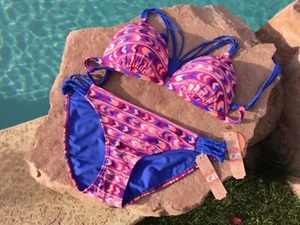 GB PUSH UP BRA PINK/BLUE PRINT BIKINI NEW - LARGE - Picture 1 of 3