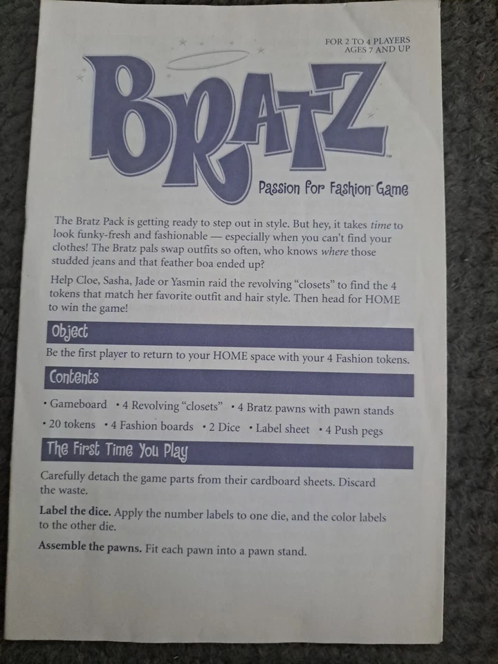 Bratz Passion for Fashion Game 2002 instrucciones de reemplazo usado  Foto 1 de 4